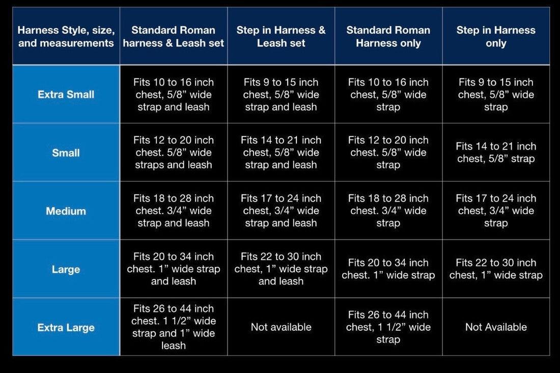 Size chart giving chest fit and strap width for the step-in harness from extra small to extra large.