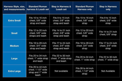 Size chart giving chest fit and strap width for the step-in harness from extra small to extra large.