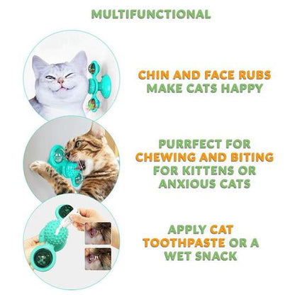 Three photos of cats rubbing and biting the green windmill toy and a hand spreading paste on its nubby center