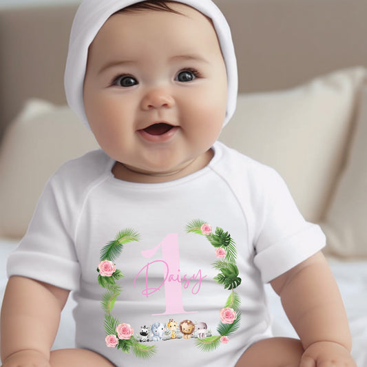 Personalised Pink Girls 1st Birthday Baby Outfit: Bib, Vest, Baby Grow-0