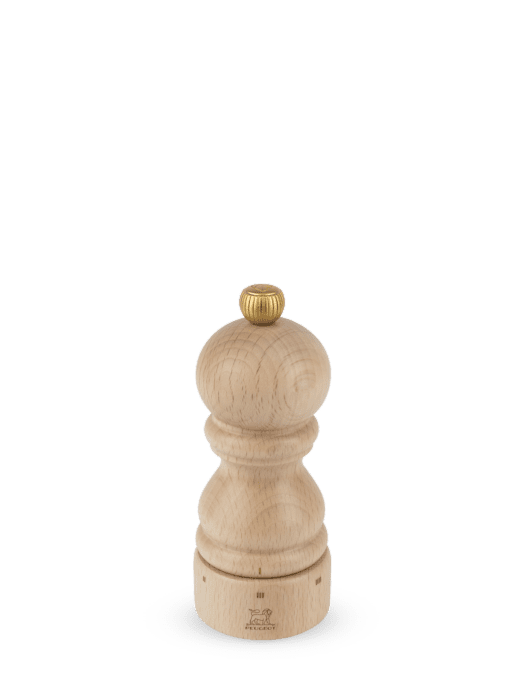 Salt mill 5 inches tall in pale natural beech, with the grind dial set into the base.