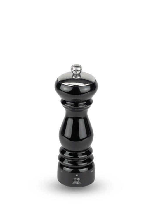 Salt mill 7 inches tall in black lacquered wood, with the grind dial set into the base.