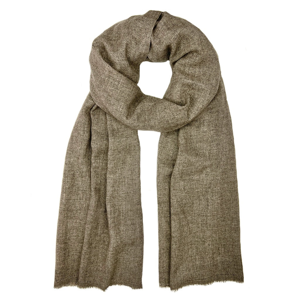 Espresso brown cashmere scarf looped and hanging loose, with short soft fringe at both ends