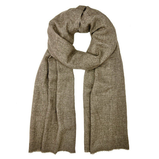 Espresso brown cashmere scarf looped and hanging loose, with short soft fringe at both ends