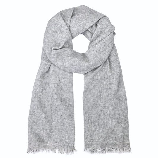 Heather gray cashmere scarf draped in a loop, fringed ends hanging down