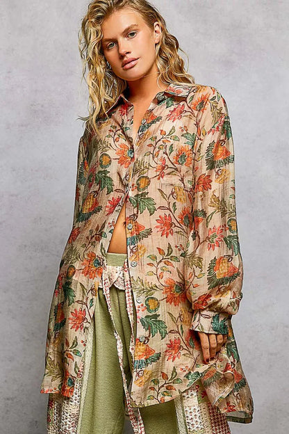 POL Metal Button Down Floral Long Sleeve Shirt-0