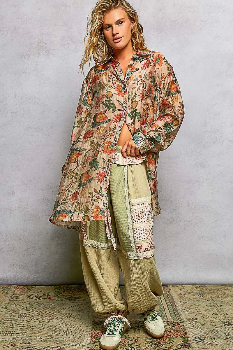 POL Metal Button Down Floral Long Sleeve Shirt-4
