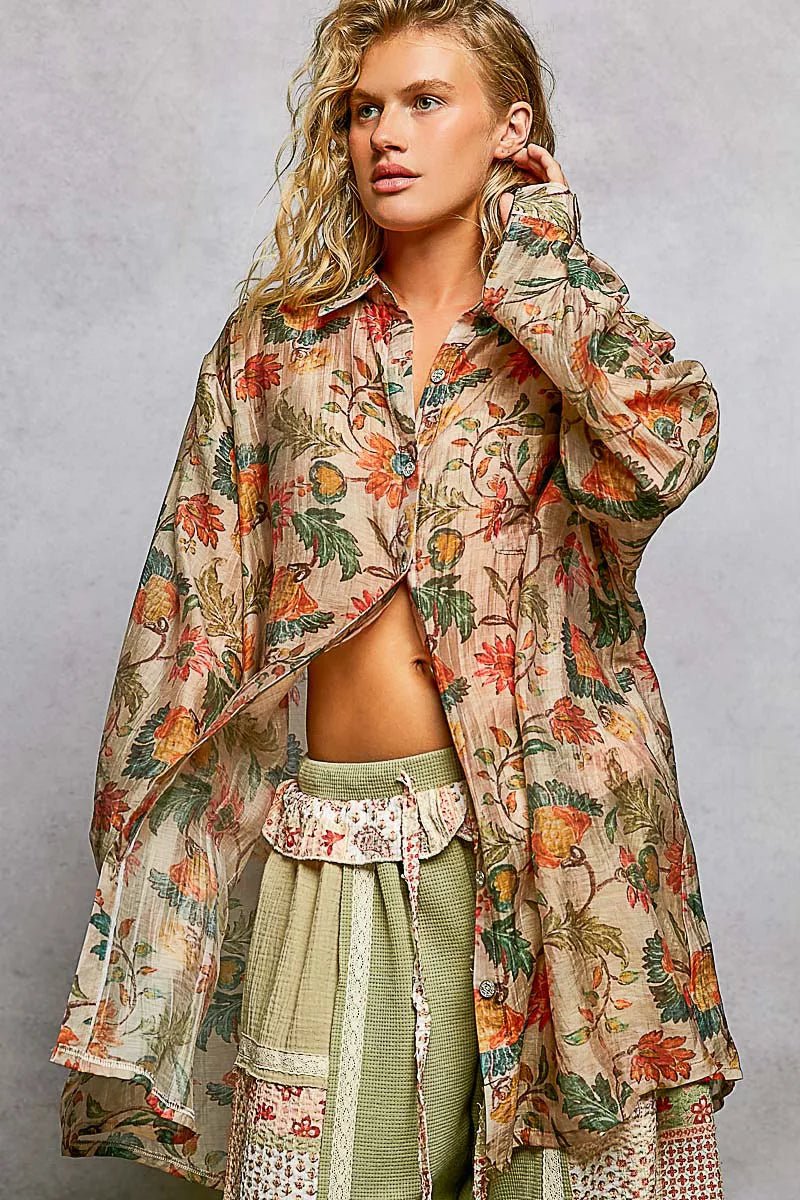 POL Metal Button Down Floral Long Sleeve Shirt-1