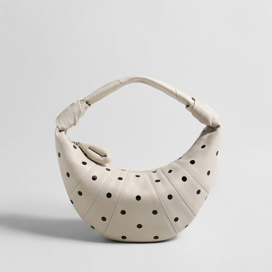Polka Dot Dumpling Bag – First-Layer Sheepskin Crescent Shoulder Bag with Knotted Handle-0