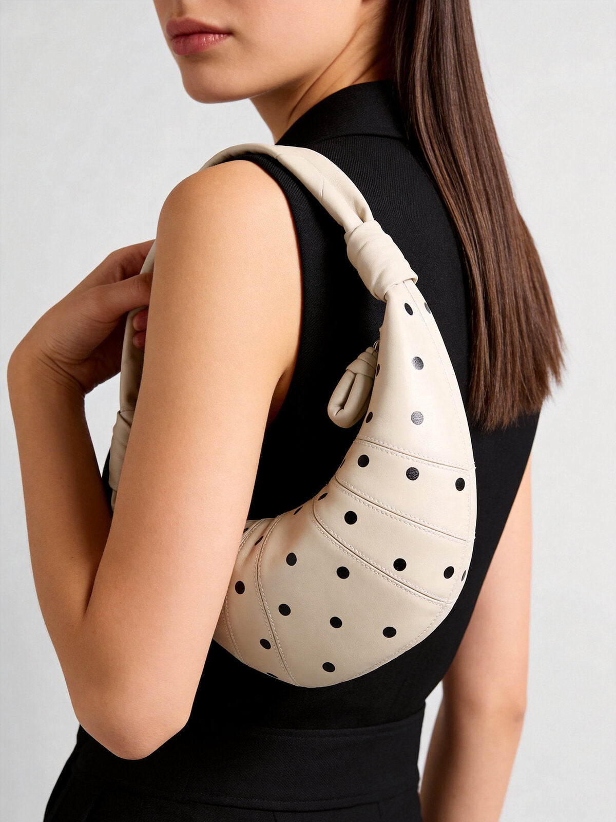 Polka Dot Dumpling Bag – First-Layer Sheepskin Crescent Shoulder Bag with Knotted Handle-3
