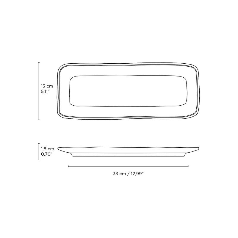 Dimension drawing giving the platter as 13 inches long, 5 wide and 0.7 deep.