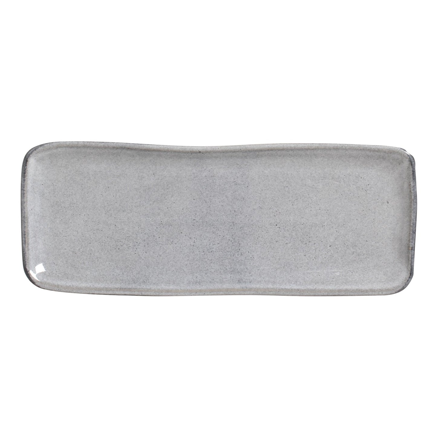 The bare gray platter at an angle, showing its shallow rise and rounded corners.