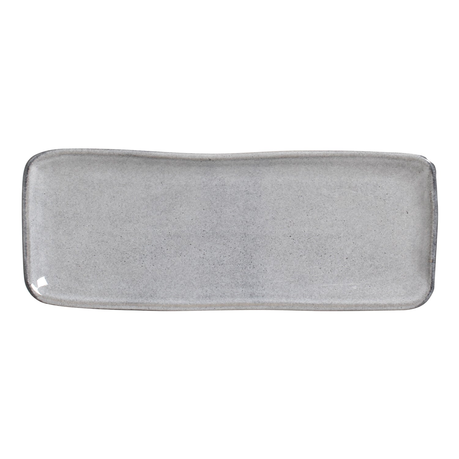 The bare gray platter at an angle, showing its shallow rise and rounded corners.