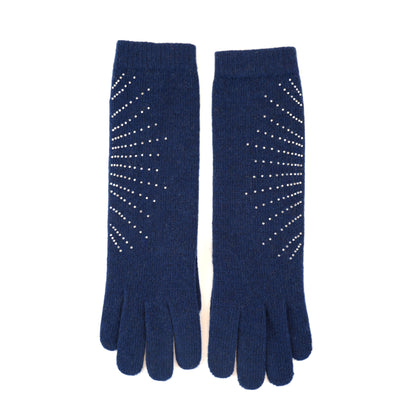 Navy long cashmere gloves laid flat, rhinestones fanning up from the wrist