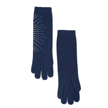 Navy long cashmere gloves laid flat with one glove turned to its plain side