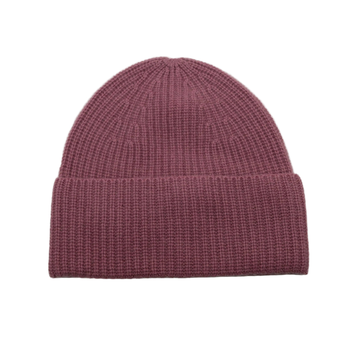 Dusty rose ribbed cashmere hat laid flat with its turned-back cuff