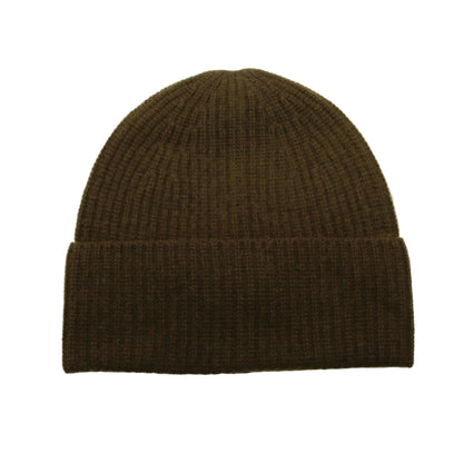 Chocolate brown ribbed cashmere hat laid flat with its cuff turned back