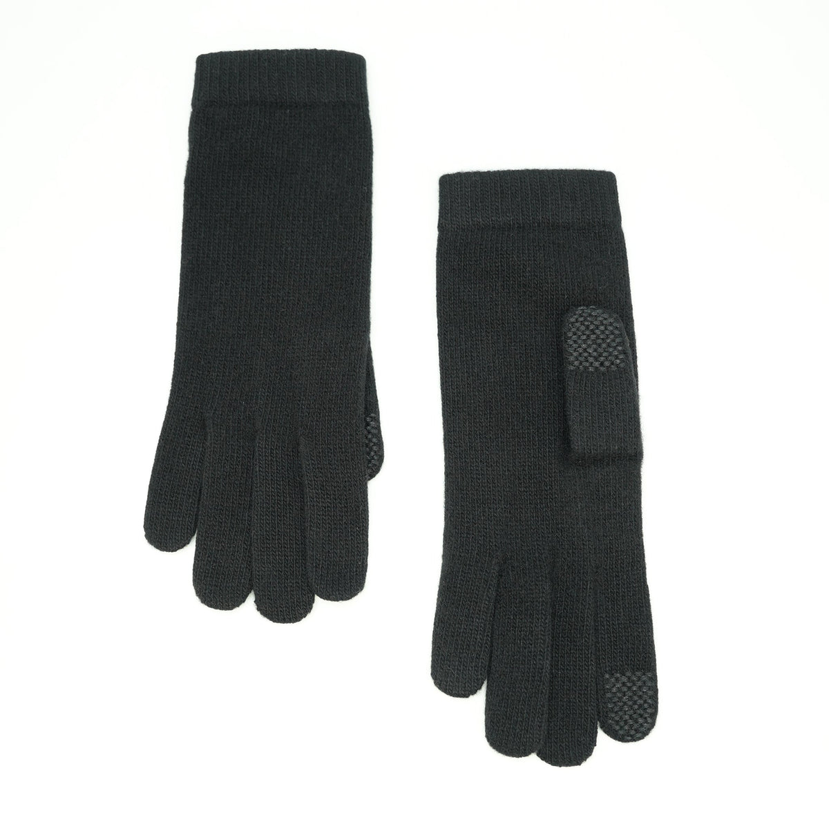 Black cashmere touchscreen gloves laid flat with pads on the thumb and index fingertip