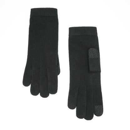 Black cashmere touchscreen gloves laid flat with pads on the thumb and index fingertip