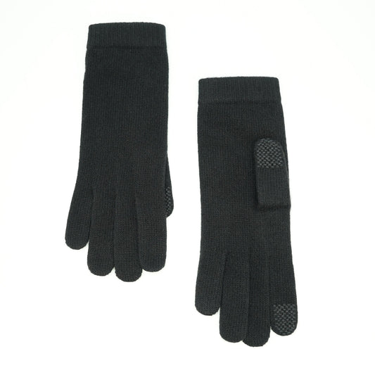 Black cashmere touchscreen gloves laid flat with pads on the thumb and index fingertip