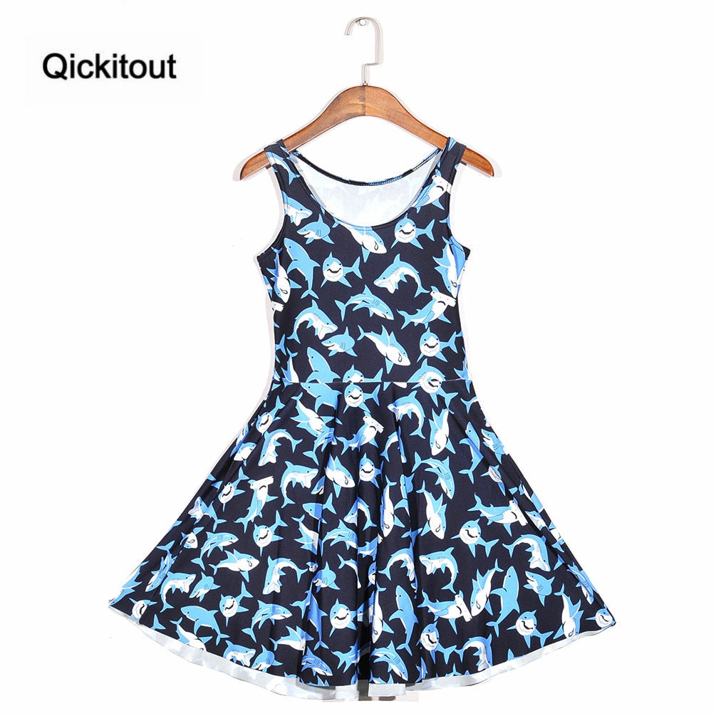 Girls Slim Women Dress Digital Print Submarine shark jump dress Summer Sleeveless Beach DRESS vestidos-1