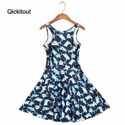 Girls Slim Women Dress Digital Print Submarine shark jump dress Summer Sleeveless Beach DRESS vestidos-2