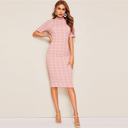 Mock-Neck Grid Textured Pencil Dress Elegant Women Pink Zipper Stand Collar Summer Dress Short Sleeve Bodycon Dress-4