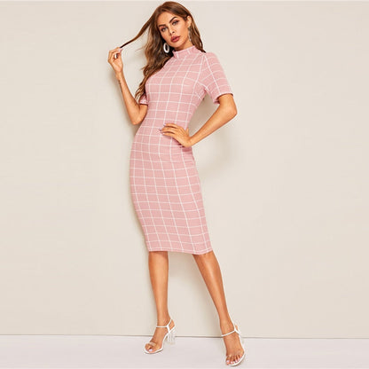 Mock-Neck Grid Textured Pencil Dress Elegant Women Pink Zipper Stand Collar Summer Dress Short Sleeve Bodycon Dress-2