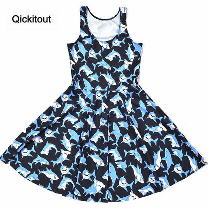 Girls Slim Women Dress Digital Print Submarine shark jump dress Summer Sleeveless Beach DRESS vestidos-0