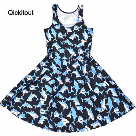 Girls Slim Women Dress Digital Print Submarine shark jump dress Summer Sleeveless Beach DRESS vestidos-0