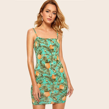 Allover Pineapple Tropical Print Cami Dress Multicolor Sleeveless Sheath Mini Dresses Women Summer Vacation Beach Dress-5