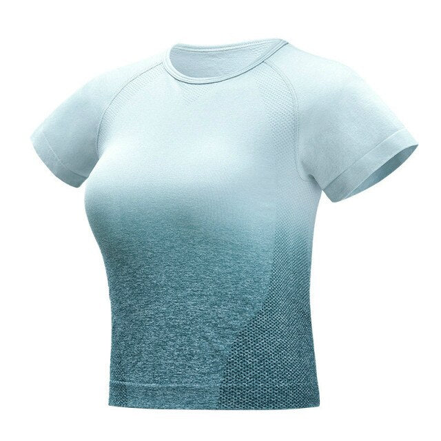 Gradient Sport Short-Sleeve Shirts Women Slim O-neck Fitness Gym Crop Tops T-shirt Quick Dry Seamless Athletic Tee-4