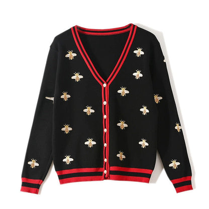 High Quality Fashion Designer Bee Embroidery Cardigan Long Sleeve Single Breasted Contrast Color Button Knitted Sweaters-3