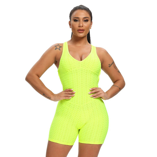 Women Solid Jacquard Yoga Jumpsuit Workout Fitness Shaping Push Up Playsuit V Neck Sleeveless Backless Top Shorts Sports Romper-0