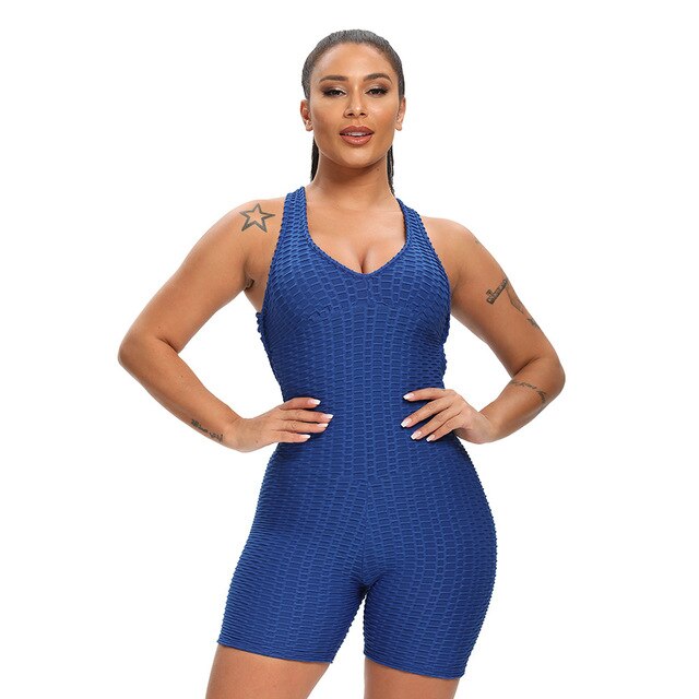 Women Solid Jacquard Yoga Jumpsuit Workout Fitness Shaping Push Up Playsuit V Neck Sleeveless Backless Top Shorts Sports Romper-8