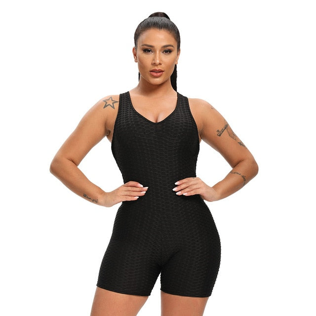 Women Solid Jacquard Yoga Jumpsuit Workout Fitness Shaping Push Up Playsuit V Neck Sleeveless Backless Top Shorts Sports Romper-2