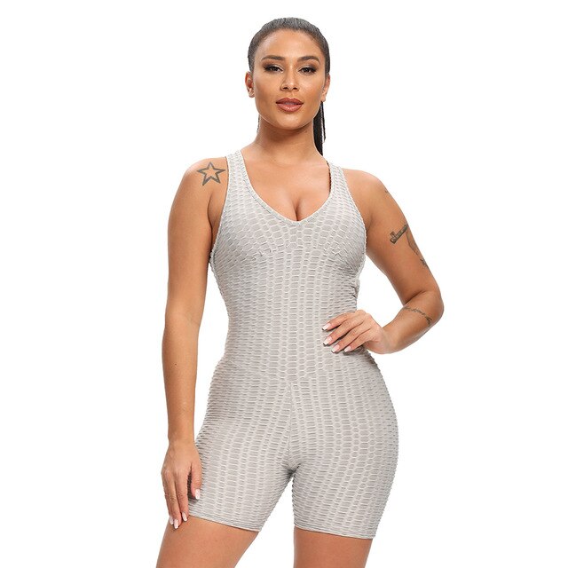 Women Solid Jacquard Yoga Jumpsuit Workout Fitness Shaping Push Up Playsuit V Neck Sleeveless Backless Top Shorts Sports Romper-4