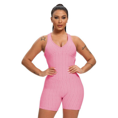 Women Solid Jacquard Yoga Jumpsuit Workout Fitness Shaping Push Up Playsuit V Neck Sleeveless Backless Top Shorts Sports Romper-5