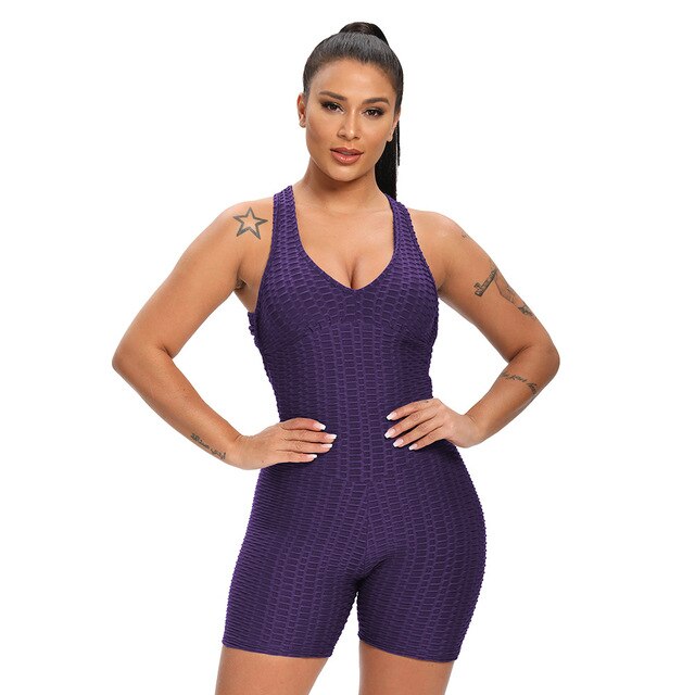 Women Solid Jacquard Yoga Jumpsuit Workout Fitness Shaping Push Up Playsuit V Neck Sleeveless Backless Top Shorts Sports Romper-7
