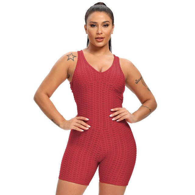 Women Solid Jacquard Yoga Jumpsuit Workout Fitness Shaping Push Up Playsuit V Neck Sleeveless Backless Top Shorts Sports Romper-6
