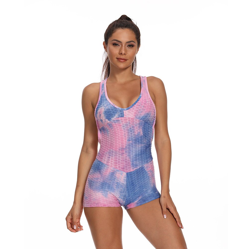 Women Tie Dye Print Jacquard Yoga Jumpsuit Workout Fitness Push Up Playsuit V Neck Sleeveless Backless Top Shorts Sports Romper-2
