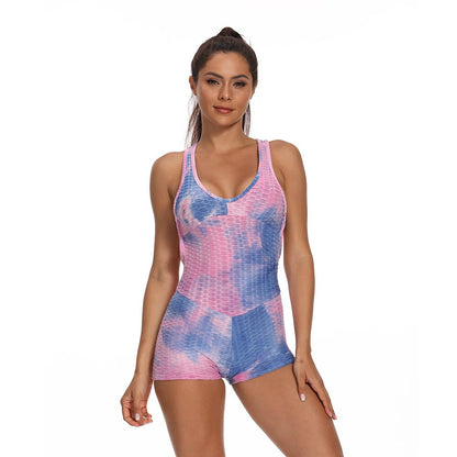 Women Tie Dye Print Jacquard Yoga Jumpsuit Workout Fitness Push Up Playsuit V Neck Sleeveless Backless Top Shorts Sports Romper-2
