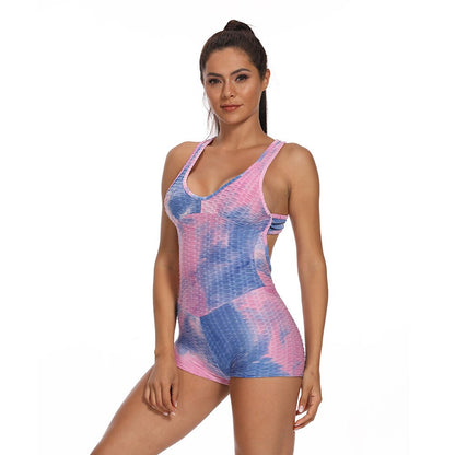 Women Tie Dye Print Jacquard Yoga Jumpsuit Workout Fitness Push Up Playsuit V Neck Sleeveless Backless Top Shorts Sports Romper-3