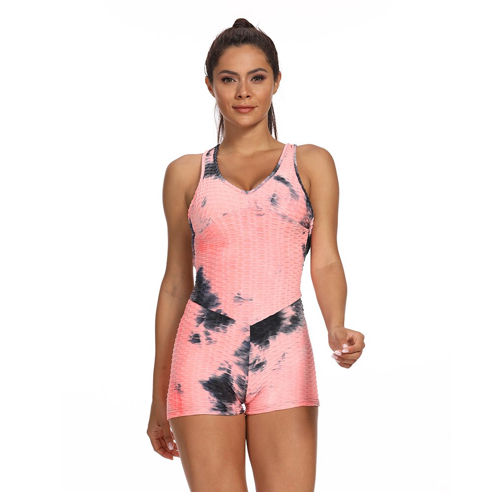 Women Tie Dye Print Jacquard Yoga Jumpsuit Workout Fitness Push Up Playsuit V Neck Sleeveless Backless Top Shorts Sports Romper-5