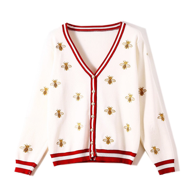 High Quality Fashion Designer Bee Embroidery Cardigan Long Sleeve Single Breasted Contrast Color Button Knitted Sweaters-0