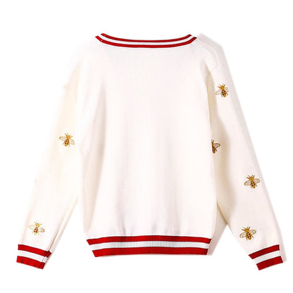 High Quality Fashion Designer Bee Embroidery Cardigan Long Sleeve Single Breasted Contrast Color Button Knitted Sweaters-1