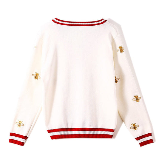 High Quality Fashion Designer Bee Embroidery Cardigan Long Sleeve Single Breasted Contrast Color Button Knitted Sweaters-1
