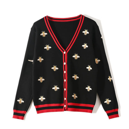 High Quality Fashion Designer Bee Embroidery Cardigan Long Sleeve Single Breasted Contrast Color Button Knitted Sweaters-4