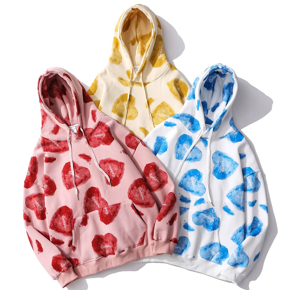 Hoodie Men Heart Inkjet Letter Printed Big Pocket Hooded Pullover Soft Cozy Plus Velvet High Street Harajuku Streetwear-4