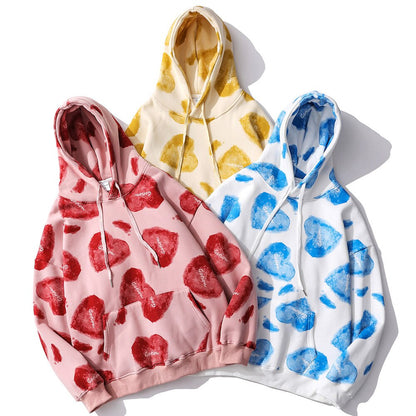 Hoodie Men Heart Inkjet Letter Printed Big Pocket Hooded Pullover Soft Cozy Plus Velvet High Street Harajuku Streetwear-4